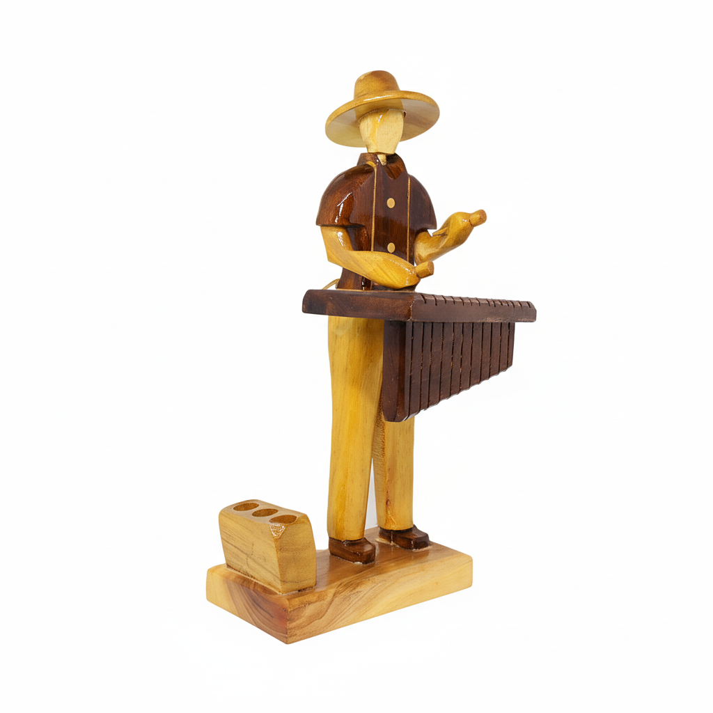 Handcrafted Wooden Musician Figurine with Pencil Holder – Xylophone Motif