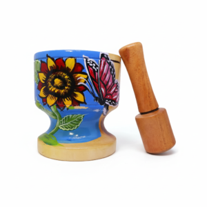 Handmade Wooden Mortar and Pestle Set – Sunflower Motif