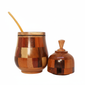 Artisan Mosaic Wooden Sugar Container with Lid and Spoon – Handcrafted Multi-Tone Hardwood