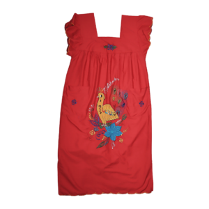Vibrant Red Women's Dress Square Neckline and Hand-Embroidered Artisanal Floral Accents
