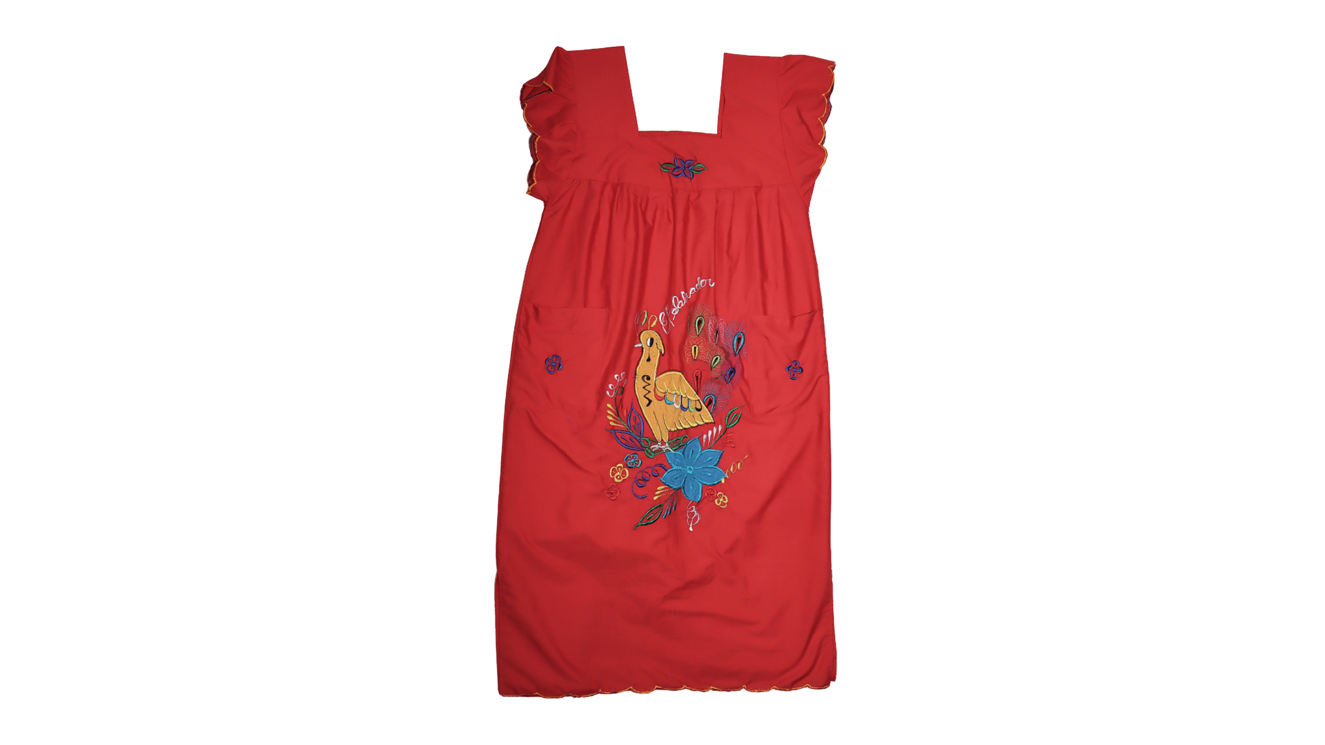 Vibrant Red Women's Dress Square Neckline and Hand-Embroidered Artisanal Floral Accents