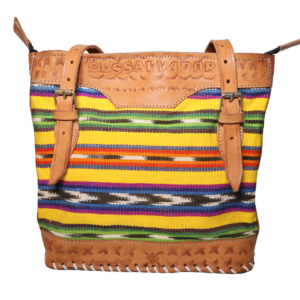 Handcrafted Leather & Woven El Salvador Textile Shoulder Bag - Yellow Striped Motif