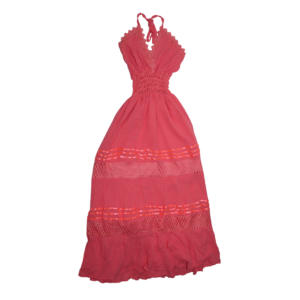 Fuchsia Women's Long Dress Artisanal Floral Embroidery and Intricate Lace Cutout Details