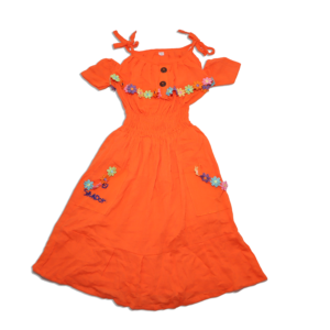 Citrus Orange Women's Dress Hand-Embroidered Artisanal Floral Design with Calligraphic 'El Salvador'
