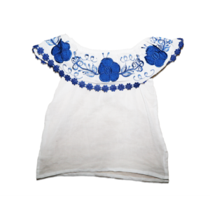 Handmade Cotton Blouse with Blue Embroidered Floral Detailing
