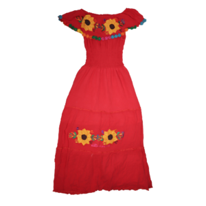 Coral Red Women's Maxi Dress Elegant Hand-Embroidered Artisanal - Sunflower Motif
