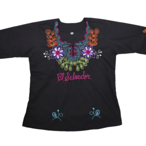 Handmade Black El Salvador Folk Blouse with Colorful Embroidered Details