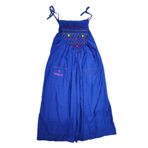 Long Blue Women's Dress with Hand-Embroidered Artisanal Smocked Detail