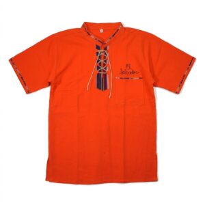 Orange El Salvador Men's Guayabera Detailed Hand-Embroidered Artisanal Collar and Chest