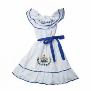 White and Blue El Salvador's Traditional Children's Dress with Handcrafted Embroidery