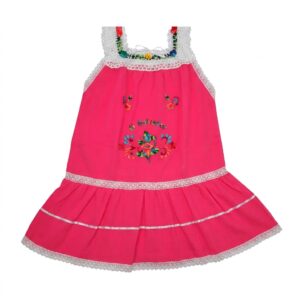 Charming Fuchsia Children's Dress Hand-Embroidered Artisanal Floral Collar and Band Detail