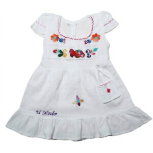 Crisp White Girls' Dress Hand-Embroidered Artisanal 'El Salvador' Floral Design with Ruffles