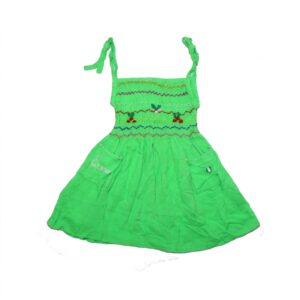 Emerald Green Girls' Dress Artisanal Smocked Top with Embroidery and Tie-Up Straps