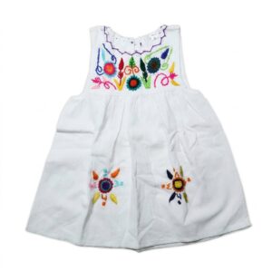 Fresh White Children's Dress Hand-Embroidered Artisanal Floral Designs on Collar and Skirt