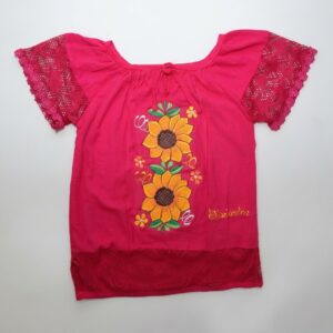 Handmade Pink Blouse with Sunflower Embroidery – Salvadoran Artisan Lacework