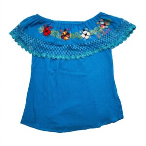 Handmade Blue Embroidered Folk Girl's Blouse with Vibrant Details – Traditional Floral Design with Sequined Lace