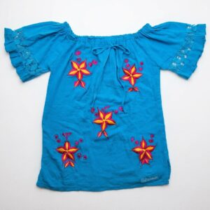 Handmade Blue Embroidered Girl's Blouse with Vibrant Floral Designs – Traditional Salvadoran Craftsmanship
