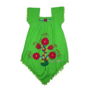 Meadow Green Girl's Blouse Artisanal Floral Embroidery and Ruffle Sleeves