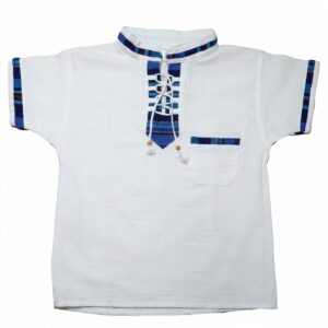 White and Blue Men's Folk Shirt Artisanal Geometric Embroidery on Chest and Collar