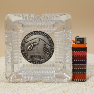 Artisanal Crystal Ashtray Set with Embossed Izalco Volcano Design and Hand-Woven Lighter