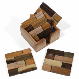 Handcrafted Multi-Toned Wooden Square Coaster Set with Holder (Set of 6)