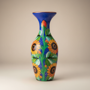 Tall Handcrafted Red Clay Floor Vase - Blue Body & Sunflower Motif
