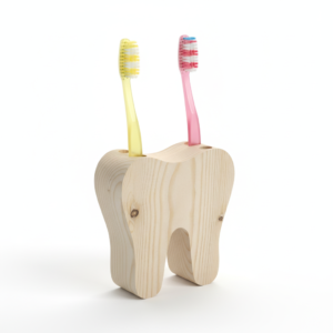 Handcrafted Wooden Tooth-Shaped Toothbrush Holder (4 Slots) - Natural Wood