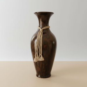 Tall Handcrafted Clay Floor Vase - Dark Brown Textured & Natural Rope Accent