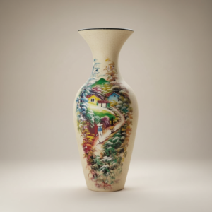 Tall Handcrafted Clay Floor Vase - Cream Body with Landscape Decoration Motif