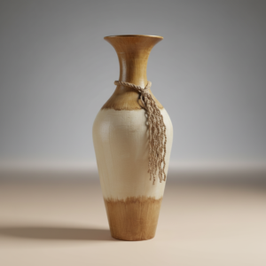 Tall Handcrafted Red Clay Floor Vase - Cream & Brown Texture Two-Tone with Natural Rope Motif