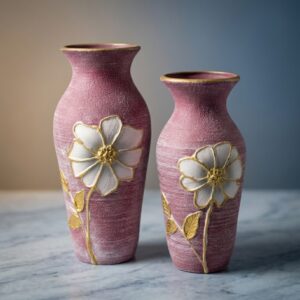 Handcrafted Burgundy Textured Red Clay Vase Duo with Hand-Sculpted White Flowers