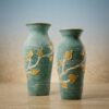 Handcrafted Teal Textured Red Clay Vase Duo with Hand-Sculpted Golden Branches