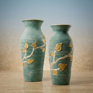 Handcrafted Teal Textured Red Clay Vase Duo with Hand-Sculpted Golden Branches