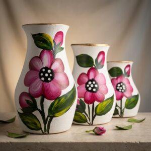 Hand-Molded White Red Clay Vase Trio with Hand-Painted Pink Flowers