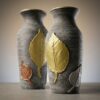 Handcrafted Charcoal Textured Red Clay Vase Duo with Hand-Sculpted Leaves