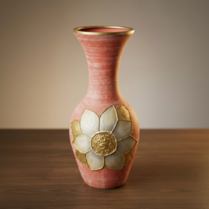 Medium Handcrafted Terracotta-Orange Textured Red Clay Vase with Hand-Sculpted White Flower (60 cm)