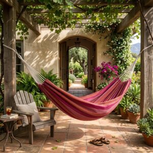 Sunset Berry Handcrafted Canvas Hammock – Warm Stripes & Traditional Cocoon Style