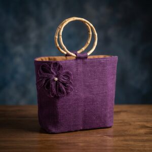 "Amethyst Bloom" Handcrafted Jute Tote Bag – Purple Tone & Bamboo Handles