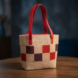 "Ruby Checkers" Handcrafted Jute Tote Bag – Color Blocks & Leather Straps