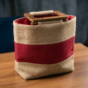 "Crimson Wood" Handcrafted Jute Tote Bag – Red Band & Wooden Handles