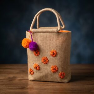 "Marigold Bloom Mini" Handcrafted Jute Handbag – Orange Flowers & Reinforced Handles