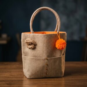 "Rustic Petal" Handcrafted Jute Tote Bag – Jute Flower & Front Pocket