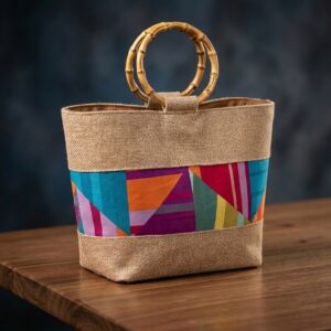 "Loom Mosaic" Handcrafted Jute Tote Bag – Loom Fabric & Bamboo Handles