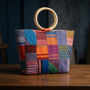 "Loom Kaleidoscope" Handcrafted Tote Bag – Patchwork Loom & Bamboo Handles