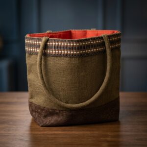 "Terra Harmony" Handcrafted Jute Tote Bag – Brown Contrast & Checkered Trim
