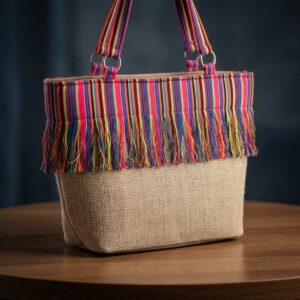 "Fiesta Fringe" Handcrafted Jute Tote Bag – Striped Weave & Multicolor Fringe