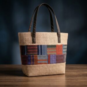"Boho Weave" Handcrafted Jute Tote Bag – Natural with Multicolor Patchwork